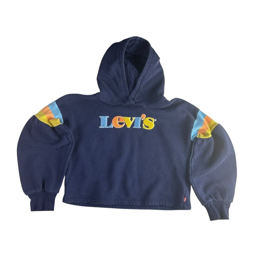 Vintage KIDS Levis Sweatshirt Rainbow Logo Pullover Hoodie 10-12 Yrs Navy Blue